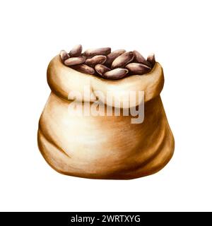 Acuarela granos de cacao seco en una bolsa de lona. Saco de arpillera dibujado a mano realista ilustración orgánica superfood aislada sobre fondo blanco. Para el diseñador Foto de stock