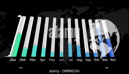 Imagen de procesamiento de datos sobre mapa del mundo y globo sobre fondo negro Foto de stock