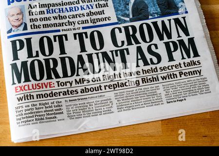 16 de marzo de 2024 El titular del Daily Mail dice: Trama para coronar a Mordaunt como PM. Foto de stock