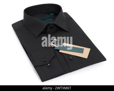Camisa de hombre doblada negra con mangas largas y botones aislados sobre fondo blanco Foto de stock