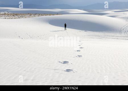 Una figura solitaria en las lejanas arenas blancas, Nuevo México. Foto de stock