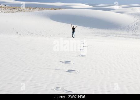 Una figura solitaria en las lejanas arenas blancas, Nuevo México. Foto de stock
