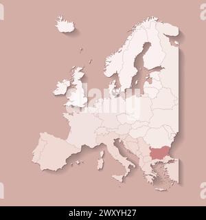 Ilustración vectorial con tierra europea con fronteras de estados y país marcado Bulgaria. Mapa político en colores marrones con western, sur y etc r Ilustración del Vector