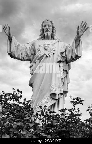 Estatua de Jesús con arbustos en primer plano en blanco y negro Foto de stock
