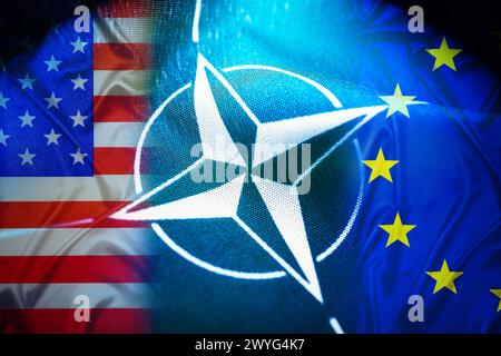 FOTOMONTAGE, NATO-Fahne mit den Fahnen der USA und Europa *** FOTOMONTAGE, bandera de la OTAN con las banderas de los Estados Unidos y Europa Foto de stock