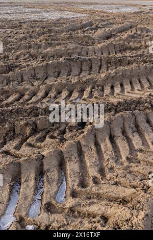 una pista profunda de un coche pesado en un campo, un campo arado con tierra congelada y rastros de maquinaria agrícola Foto de stock