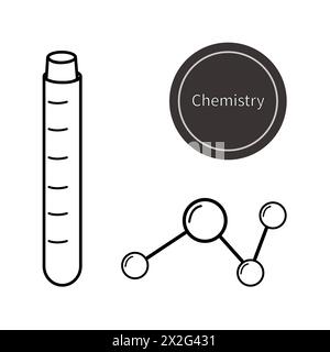 Cristalería de laboratorio químico. Ilustración vectorial plana. Matraz, molecular; Ciencia, lección de química, prueba de laboratorio. Foto de stock