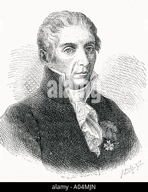 Alessandro Giuseppe Antonio Anastasio Volta, 1745 - 1827. Físico italiano que desarrolló la batería eléctrica. Grabado por Adolf Closs, 1840 a 1894. Foto de stock