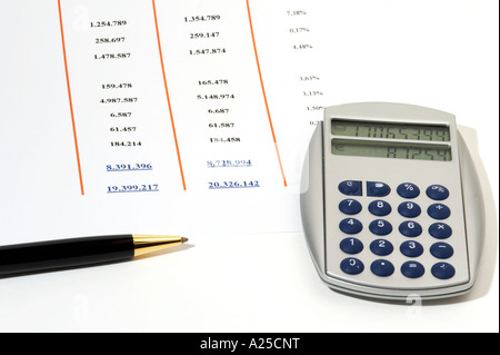 Declaración de posición financiera con bolígrafo y calculadora Foto de stock