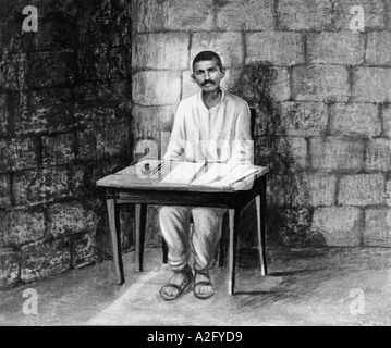 Mahatma Gandhi dibujando, en prisión, Sudáfrica, 1890s, foto de la vieja vendimia de 1800s Foto de stock