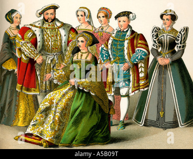 Henry VIII con cuatro mujeres y dos niños Foto de stock