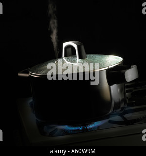 Cacerola De Agua Hirviendo Sobre Una Estufa De Gas Fotografía De Stock ...