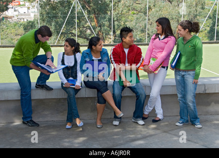 Escuela multicultural Grupo de seis adolescentes mayores se reúnen y hablan en el soleado patio de recreo de la escuela con campo de deportes detrás.