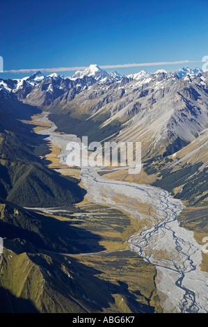 Dobson Río y desde Aoraki Mt Cook, Isla del Sur, Nueva Zelanda antena Foto de stock