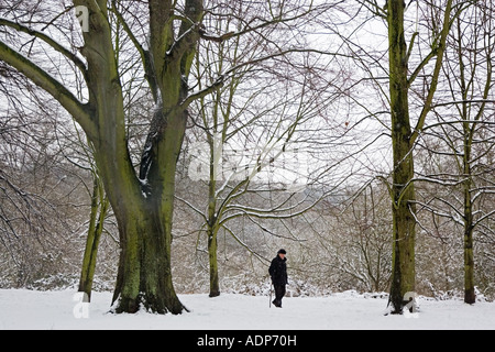Caminante solitario en Hampstead Heath cubierto de nieve en el norte de Londres Reino Unido Foto de stock