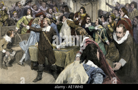 Oliver Cromwell haciendo su primer discurso en el Parlamento el 2 de marzo de 1629. Mano de color halftone de ilustración. Foto de stock