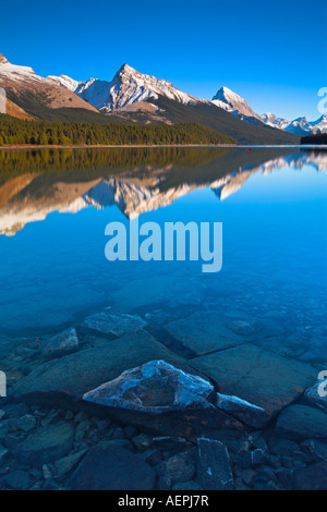 Todavía perfectamente las cristalinas aguas del lago Maligne, el Parque Nacional de Jasper, Canadá Foto de stock