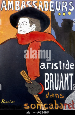 Bellas artes, Henri de Toulouse-Lautrec, (24.11.1864 - 9.9.1909), el cartel "Ambassadeurs - Aristide Bruant Dans Son Cabaret", circa 1895, litografía, colección privada, , Artist's Copyright no ha de ser borrado