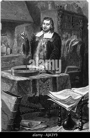 Evangelista Torricelli, físico italiano, inventando el barómetro de mercurio (1873, 1643). Artista: Desconocido Foto de stock