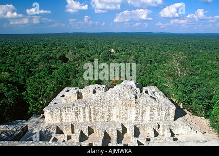 Vista a través de las Tierras Bajas rainforest desde la cima de las ruinas mayas de Calakmul en el estado de Campeche en el sur de México. Foto de stock
