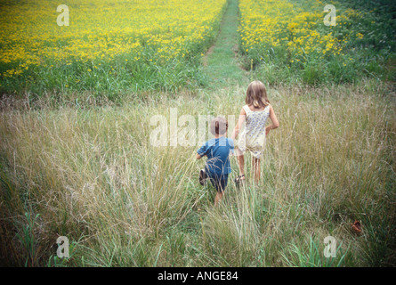 Los niños caminando a través de la maleza hacia el campo de flores mostaza Foto de stock
