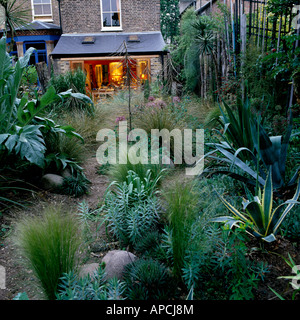 Londres Jardín plantado con yuca y bajo crecimiento hierbas de Nueva Zelanda Foto de stock