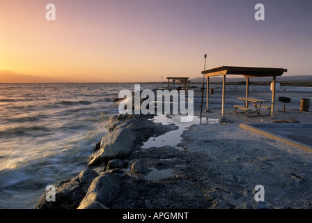 Mar de Salton shoreline al amanecer en el desierto del sur de California, EE.UU. Foto de stock