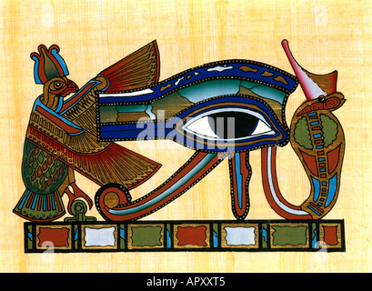 Egipto - Papiro) wadjeti Udjat (Ojo de Horus Amuleto Protector Diosa Serpiente Wadjet y Nekhbet Foto de stock