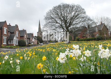 Cheshire village green de Astbury con la iglesia parroquial de St Mary's, cerca Congleton Foto de stock