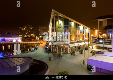 Pubs, Bares y restaurantes en Mermaid Quay bahía de Cardiff en Gales noche UK Foto de stock