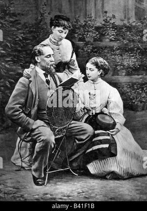 Dickens, Charles, 7.2.1812 - 9.7.1870, autor/escritor inglés, con su hija Kate y Marie en el jardín, Gads Hill Place, 1865, Foto de stock