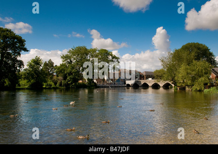 Mirando a través del río Avon hacia el famoso puente arqueado, Fordingbridge, Hampshire, Inglaterra, Reino Unido. Foto de stock