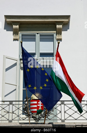 Banderas en el palacio de gobierno, el barrio del castillo de Budapest, Hungría, Europa Foto de stock