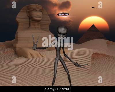 Antiguo Visitante alienígena gris visitando el antiguo Egipto Foto de stock