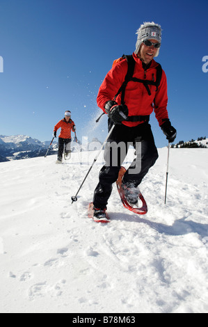Senderismo con raquetas de nieve, Zweisimmen, Rueblihorn, Gummfluh, Saanenland, Gstaad, al oeste de los Alpes Berneses, superior país, Suiza, Europa Foto de stock