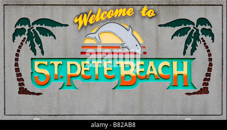 Bienvenido a St Pete Beach signo, St Petersburg Beach, la Costa del Golfo, Florida, EE.UU.