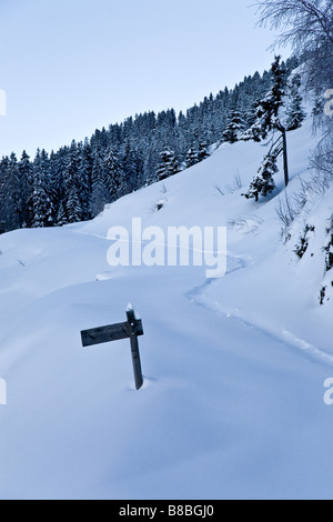Cartel de madera con el camino cubierto de nieve en la estación de Les Alpes Franceses Saises