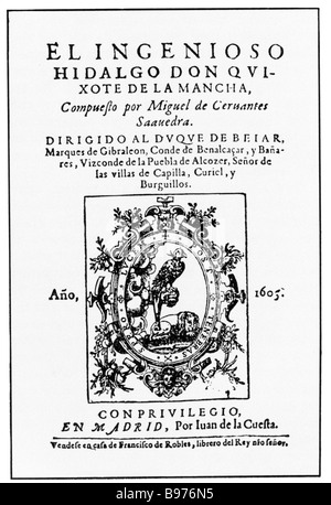DON QUIJOTE de Miguel de Cervantes. Página del título de la primera edición en 1605 Foto de stock