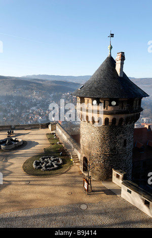 Castillo de Wernigerode, vista de la Torre, y Hausmann terrase Harz, Sajonia-Anhalt, Alemania, Europa Foto de stock