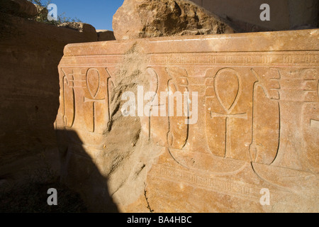 Cerrar detalle de Ankh, cetro y Pilar Djed jeroglifos grabados en bloque en el templo de Karnak, Luxor, Egipto Foto de stock