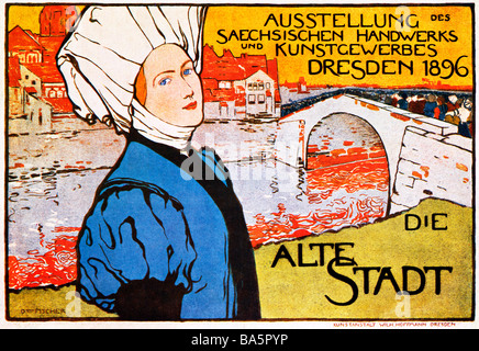 Alte Stadt Dresden 1896 Cartel de una exposición de artes y oficios de Sajonia en la capital regional Foto de stock