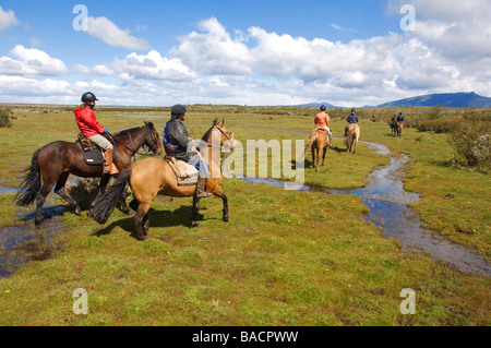 Chile, la Patagonia, la Estancia Consuelo, paseos a caballo, cruzando arroyuelos Foto de stock
