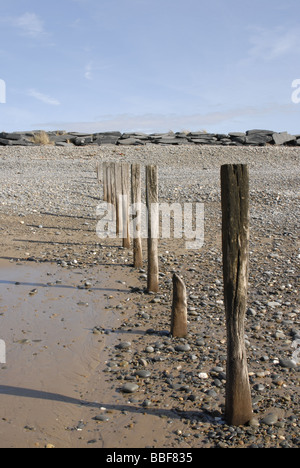 Martillo de madera remanentes en la playa en Tywyn, Gales