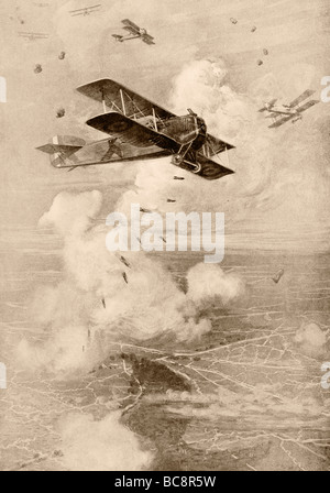 Breguet bombardero francés libera sus bombas sobre un campo de batalla. Foto de stock