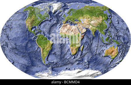Mapa del mundo, el relieve sombreado con sombra oceánicos.