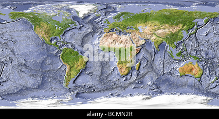 Mapa del mundo, el relieve sombreado con sombra oceánicos
