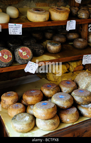 Queso Pecorino a la venta en tienda en Pienza, Toscana, Italia Foto de stock