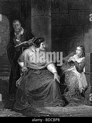 Juana de Arco, 6.1.1412 - 30.5.1431, heroína nacional francesa, escena, Juana de Arco es interrogado por el Cardenal de Winchester, grabado de madera después de la pintura por Hippolyte Delaroche, siglo 19, Foto de stock