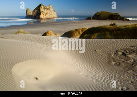Las dunas de arena y por el poderoso surf islas rocosas esculpidas con cuevas y arcos de Wharariki beach, Nueva Zelanda Foto de stock