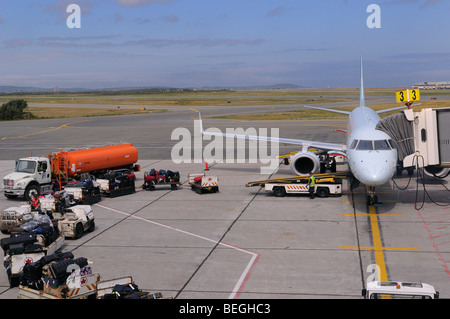 Los manipuladores de equipaje de un avión de carga en el Aeropuerto Internacional de San Juan Terranova Foto de stock